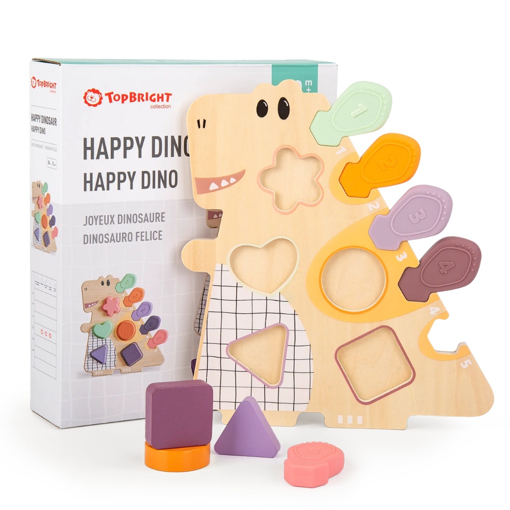 TopBright - Happy Dinosaur - Wooden Shape Sorting Activity Toy - 16pcs