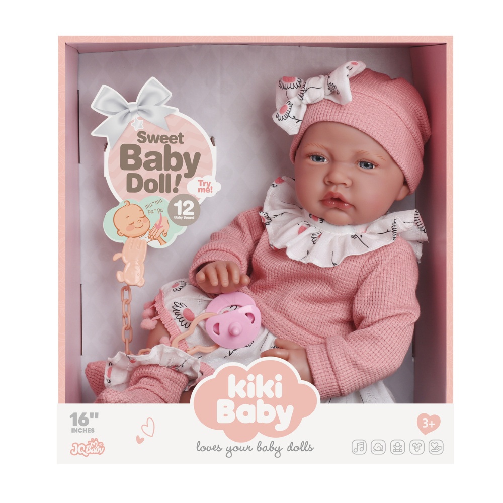 Baby Doll with 12 Sounds - Cotton Body, Pink Clothing & Pacifier - 40cm