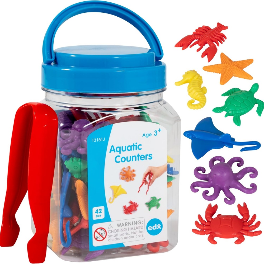 EDX Education - Aquatic Counters & Tweezer in Jar - 42pc Math Manipulative
