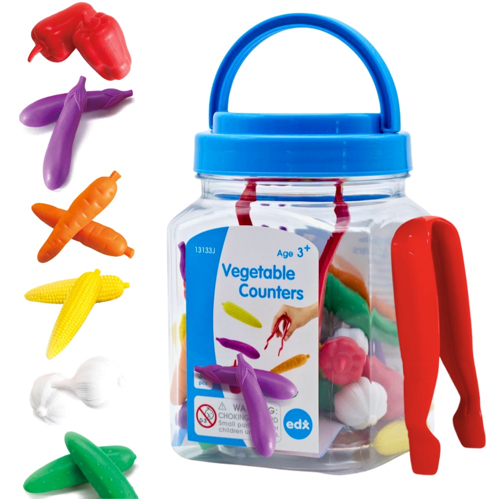 EDX Education - Counters - Vegetable - 6 Colours with Tweezers - 36pcs - Jar