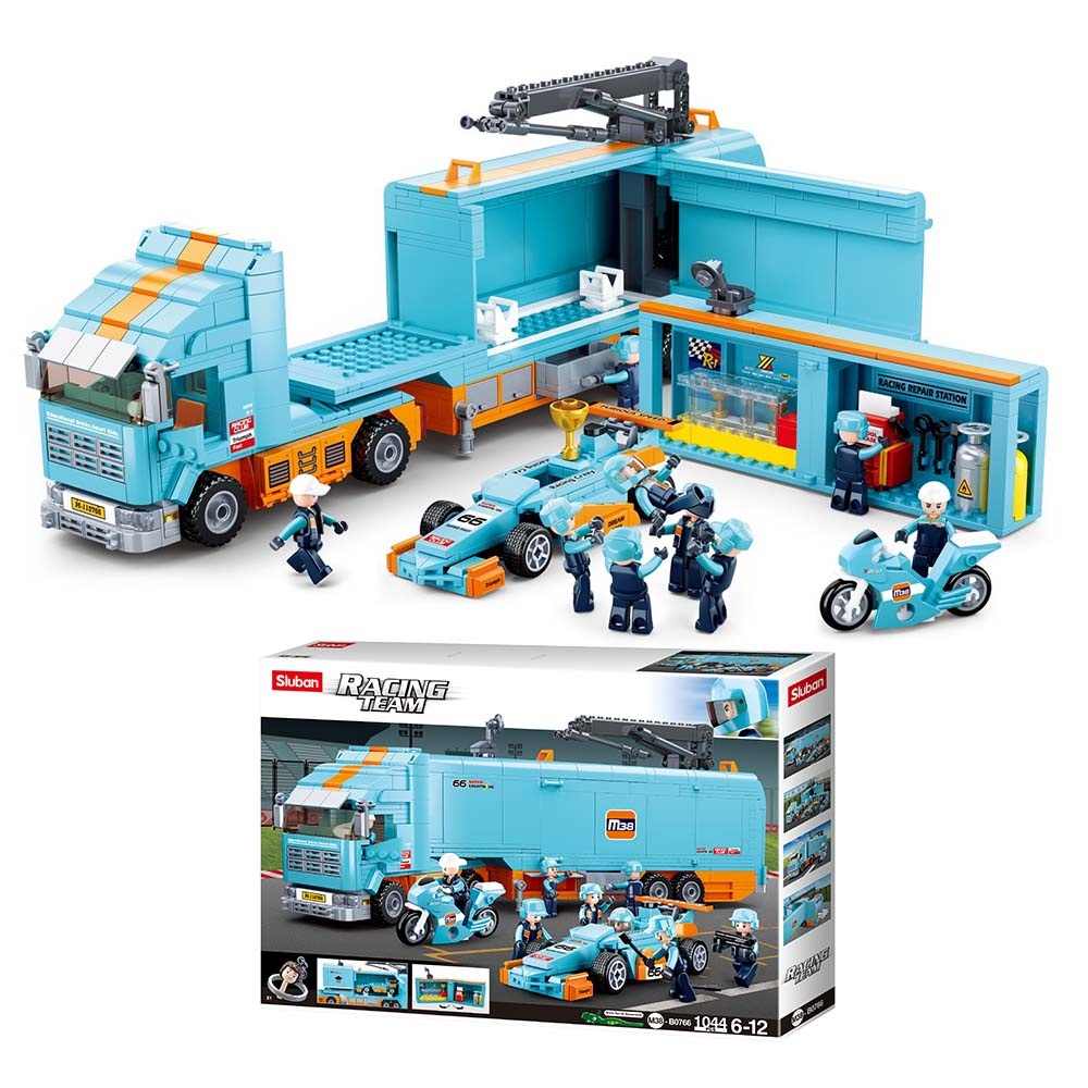 Sluban Building Set: Racing Team - F1 Mobile Racing Team Truck and Team - 1044pcs