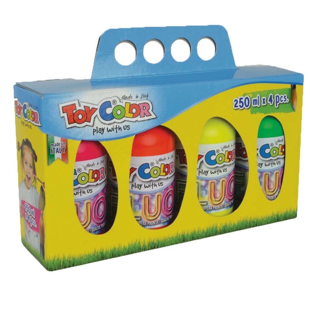 Toy Color - Superwashable Ready-Mix Tempera Paint for Kids - Fluorescent Shades - 4 x 250ml