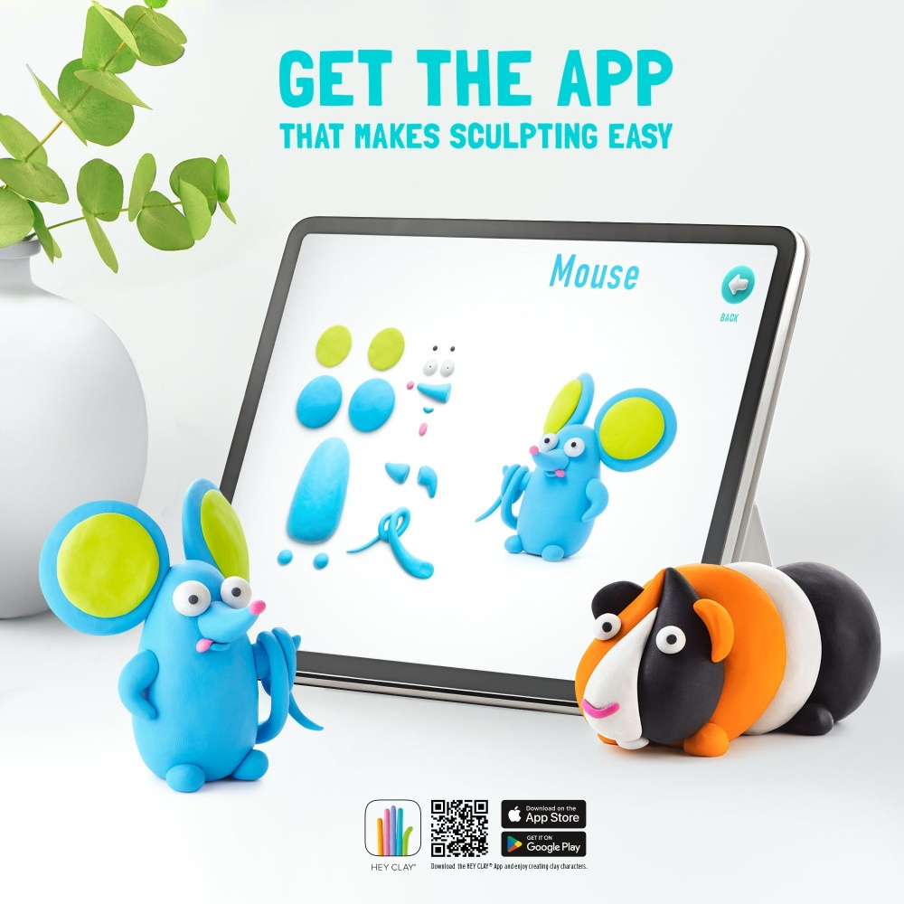 Hey Clay - Modelling Air-Dry Clay with Fun Interactive App - Bunny, Siamese cat, Guinea pig, Series Fluffy Pets, 6 cans