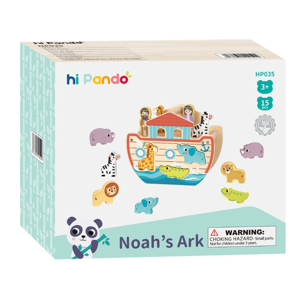 hi Pando - Wooden Noah's Ark Playset with Animal Figures - 15pcs