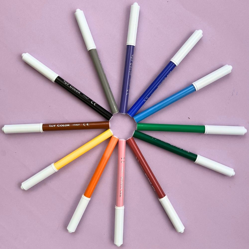 Toy Color - Junior Markers - 12 Pack Fine Tip Fibre Pens, 2.9mm