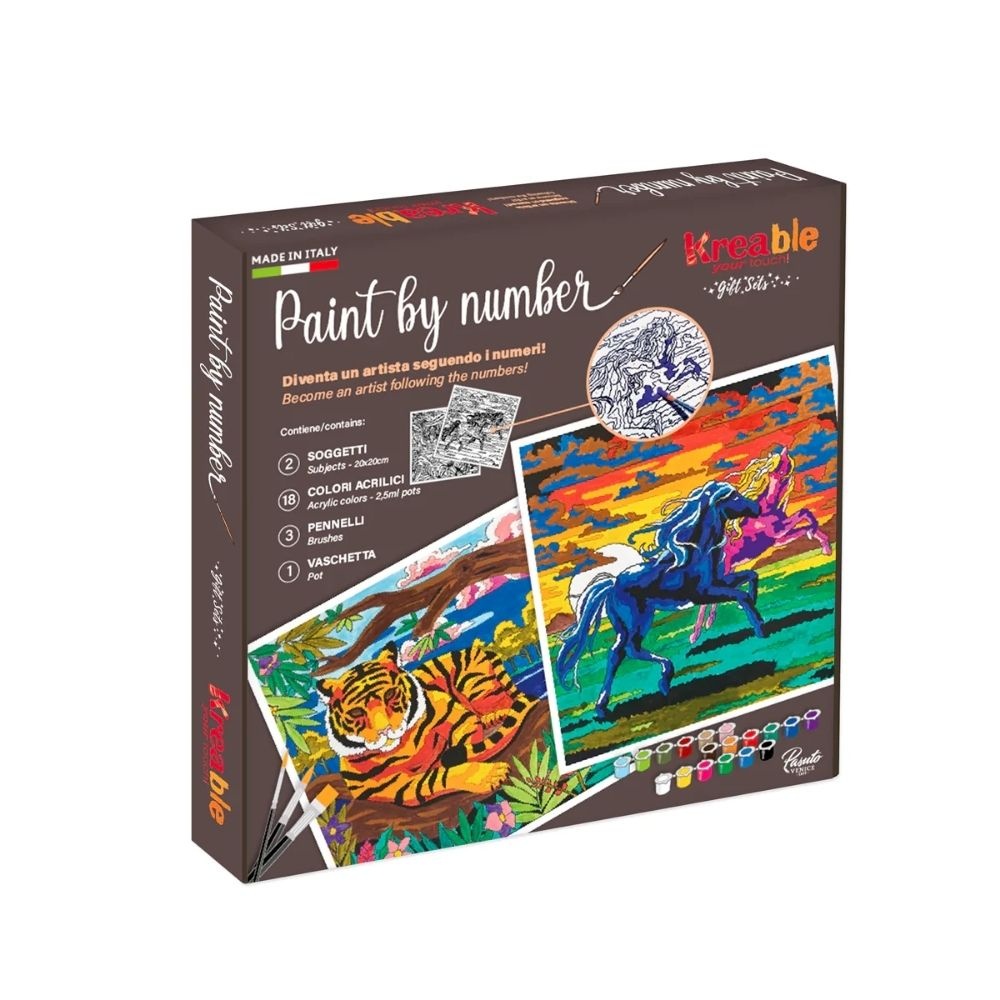 Toy Color Kreable - Paint by Number Gift Box - Tiger & Horses - 18 Acrylics + Brushes - 26pcs