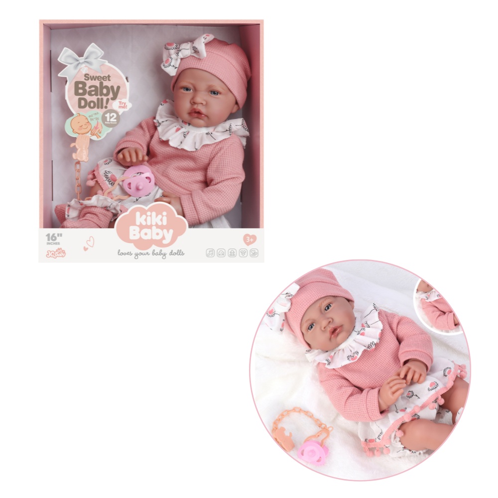 Baby Doll with 12 Sounds - Cotton Body, Pink Clothing & Pacifier - 40cm