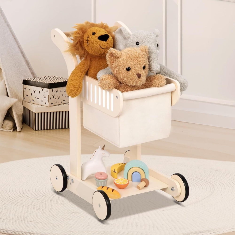 TookyToy - Pretend Play Wooden Baby Walker & Shopping Cart Toy Set