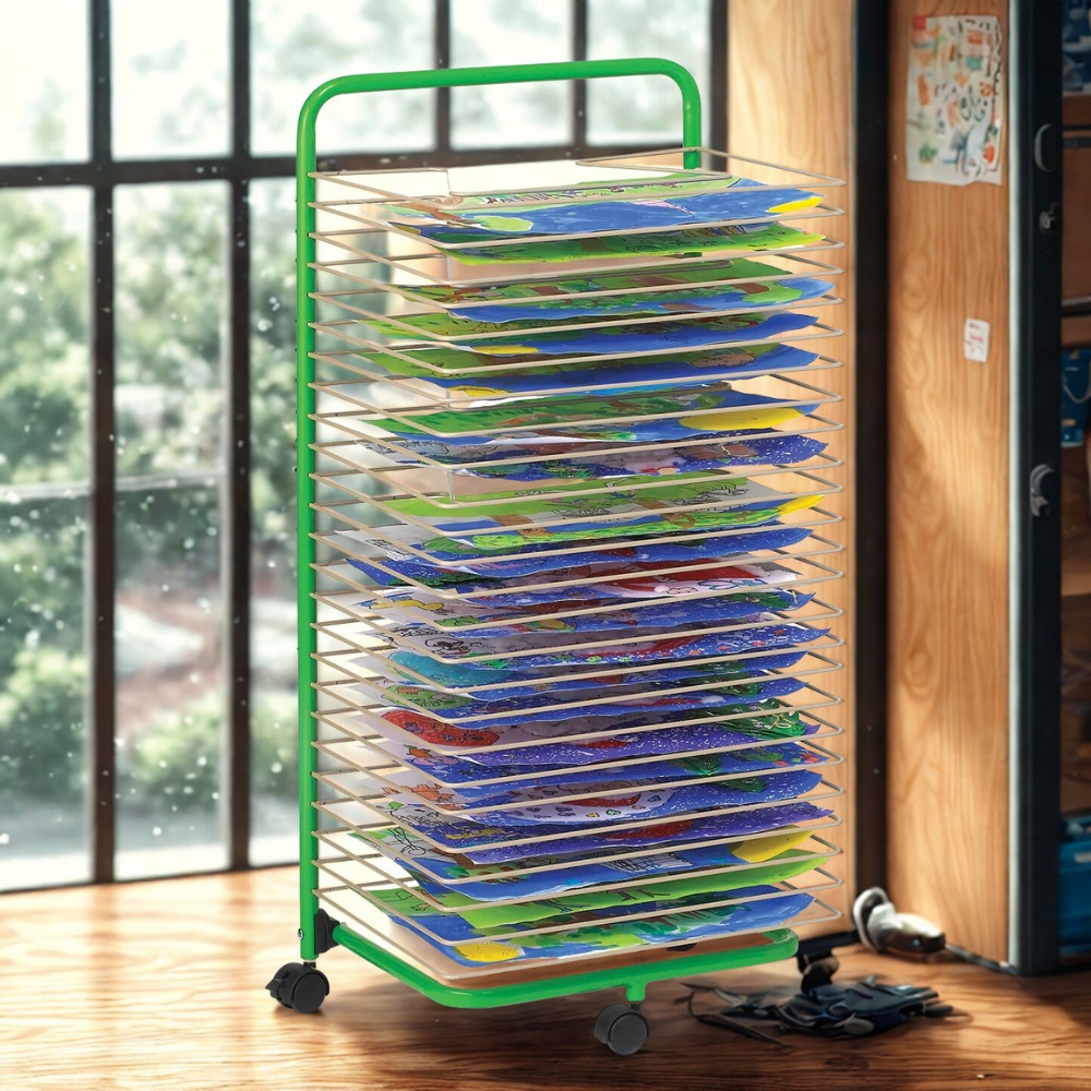 EDX Education - Floor Art Drying & Storage Display Rack with Wheels - 25 Shelves