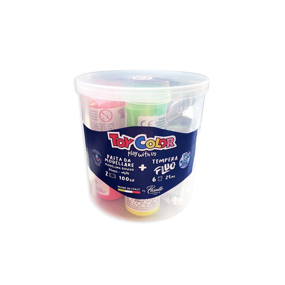 Toy Color - Air Dry Modelling Clay Art Kit - 6 Fluo Paints + 200g Clay