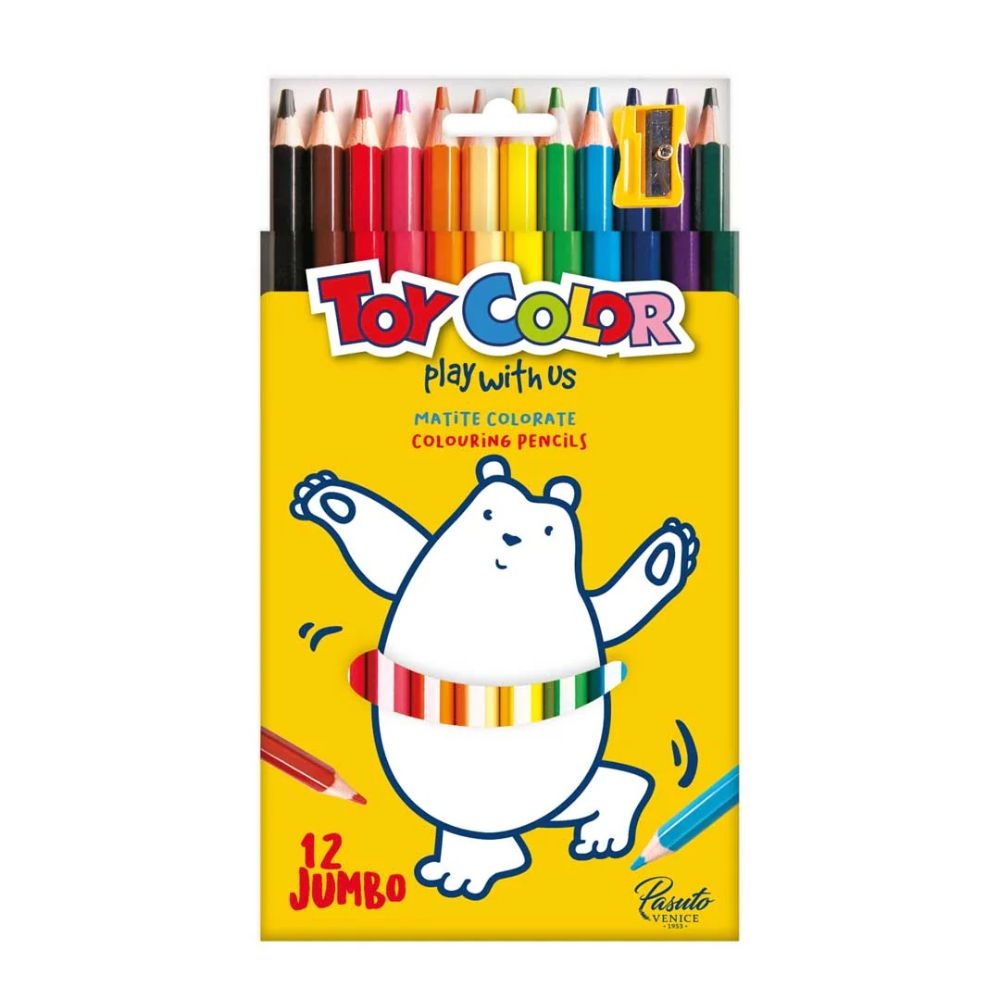 Toy Color - Jumbo Hexagonal Pencils - 12 Colours with 5mm Soft Lead & Sharpener