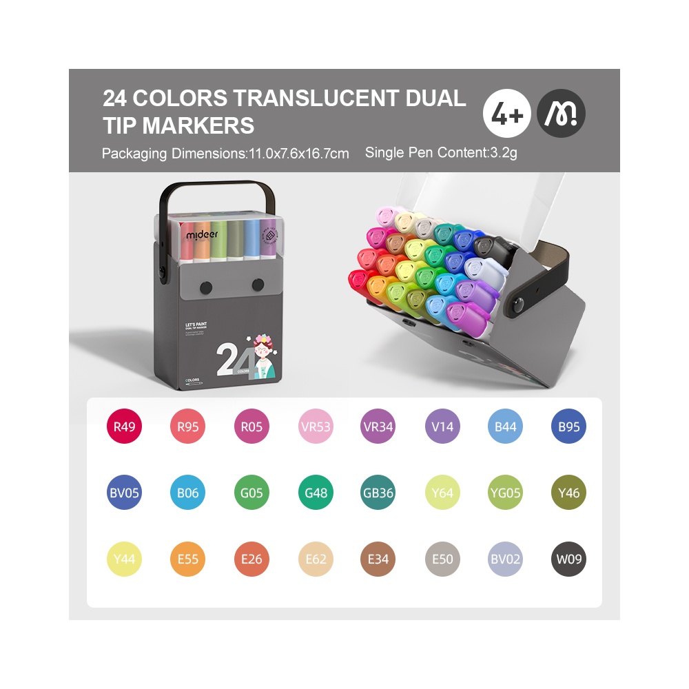 Mideer - Translucent Dual Tip Markers 24 Colours - Fine & Broad Tips