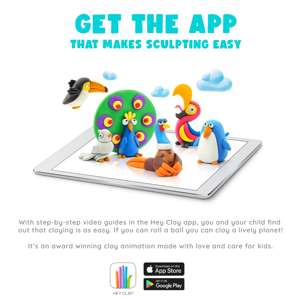 Hey Clay - Modelling Air-Dry Clay with Fun Interactive App - Toucan, series Birds, 3 cans