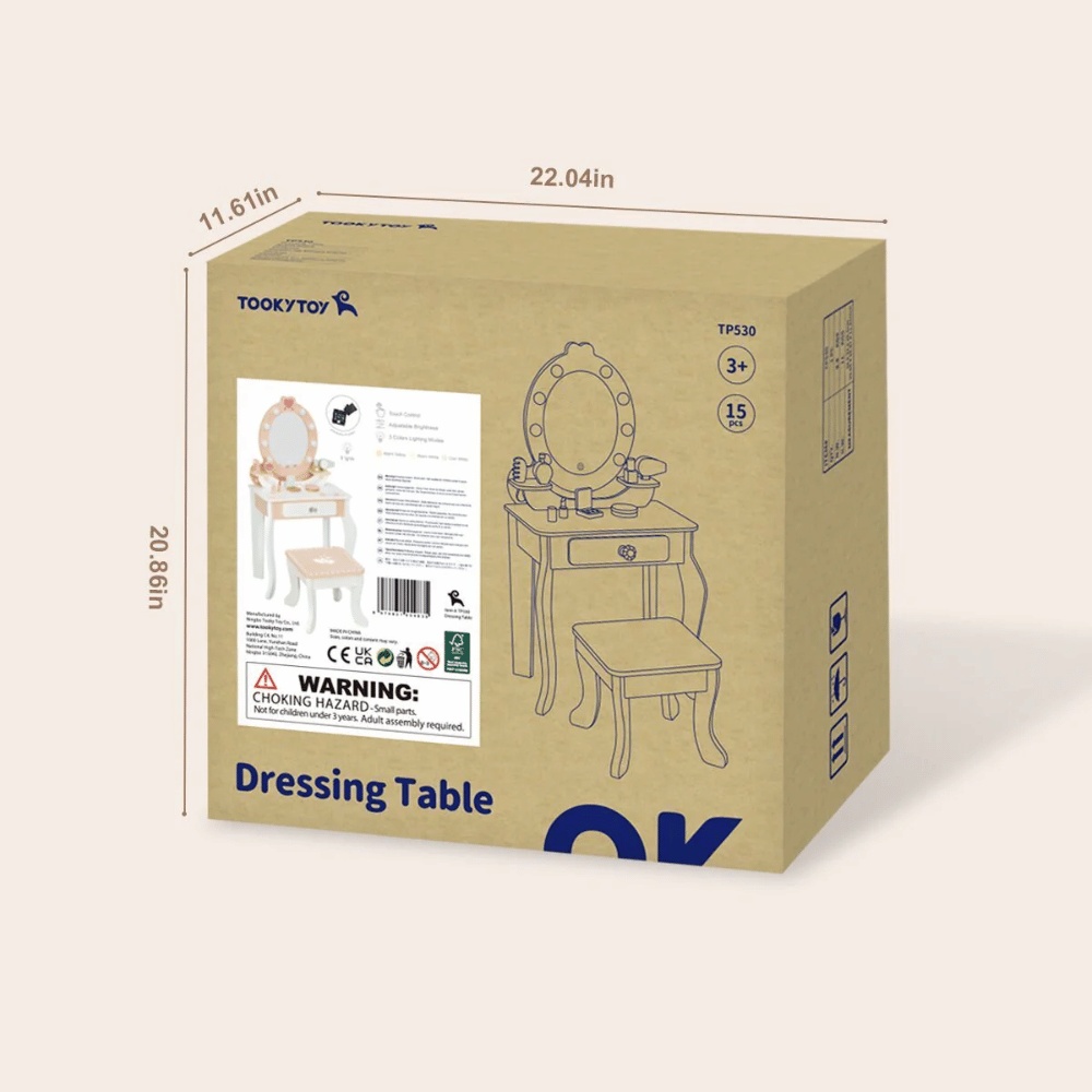 TookyToy - Wooden Vanity Table with Light-Up Mirror & Stool
