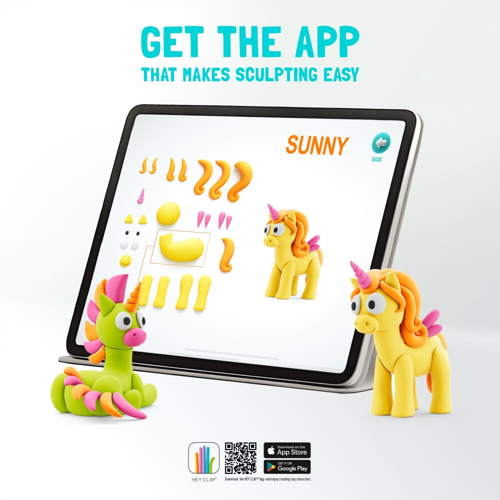 Hey Clay - Modelling Air-Dry Clay with Fun Interactive App - Brighty, Series Rainbow Unicorns, 3 cans