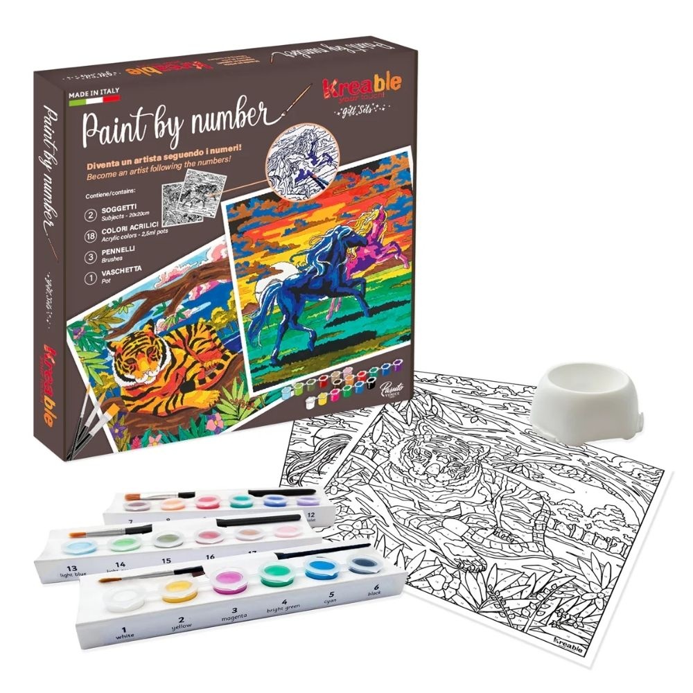 Toy Color Kreable - Paint by Number Gift Box - Tiger & Horses - 18 Acrylics + Brushes - 26pcs