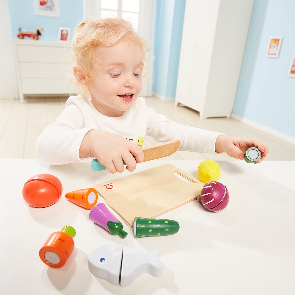TopBright - Pretend Play Wooden Cutting Food Set, with Knife & Board