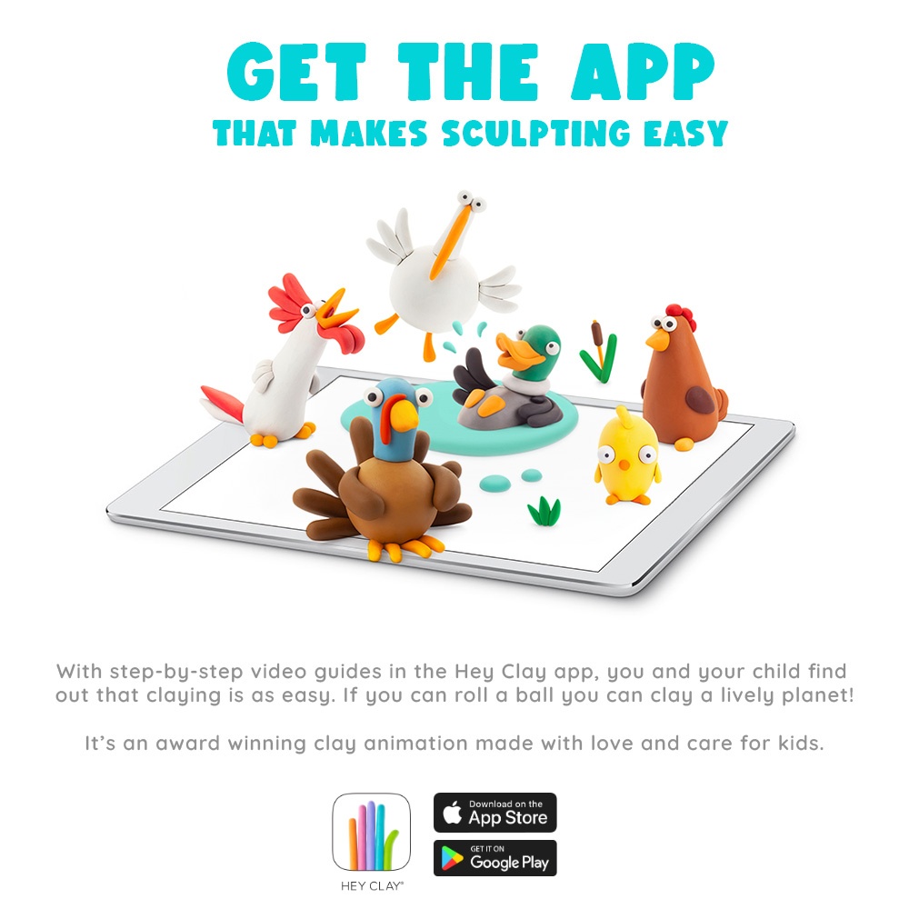 Hey Clay - Modelling Air-Dry Clay with Fun Interactive App - Rooster, series Farm Birds, 3 cans