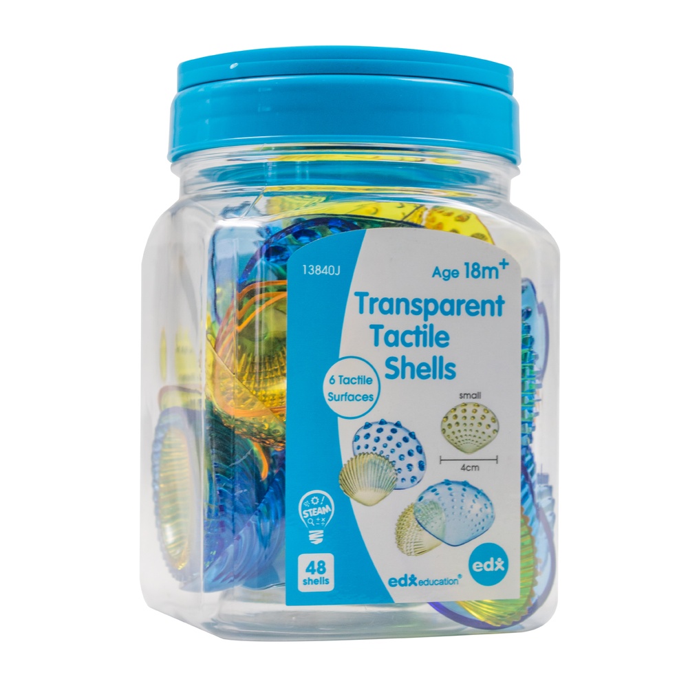 EDX Education - Tactile Shells - Transparent - 6 Tactile Surfaces & 2 Colours - Large & Small - Activity Guide - 48pcs Jar