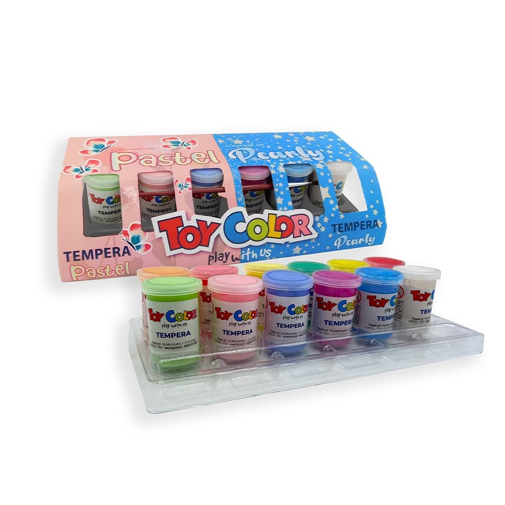 Toy Color - Ready Mix Poster Paint Pots - Pearly & Pastel - 12 Superwashable Colours, 25ml
