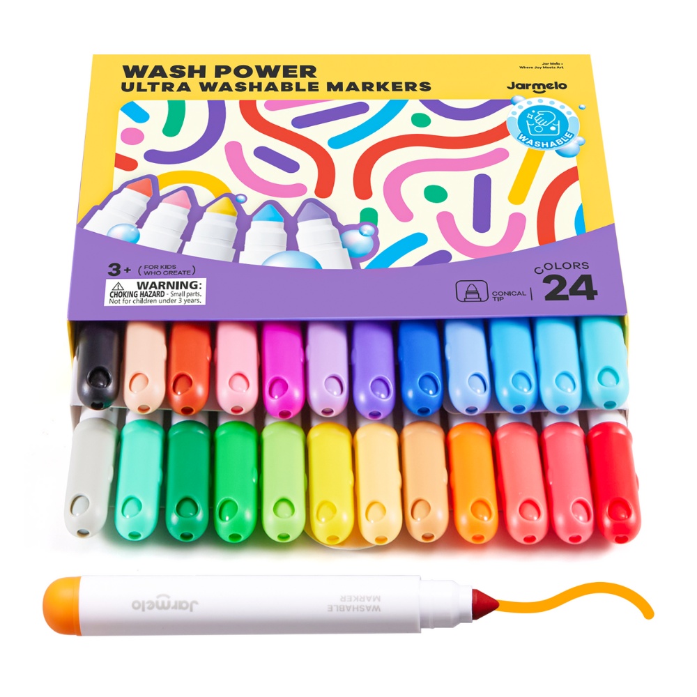 Jar Meló - Washable Markers - 24 Non-Toxic Colours with Conical Tips