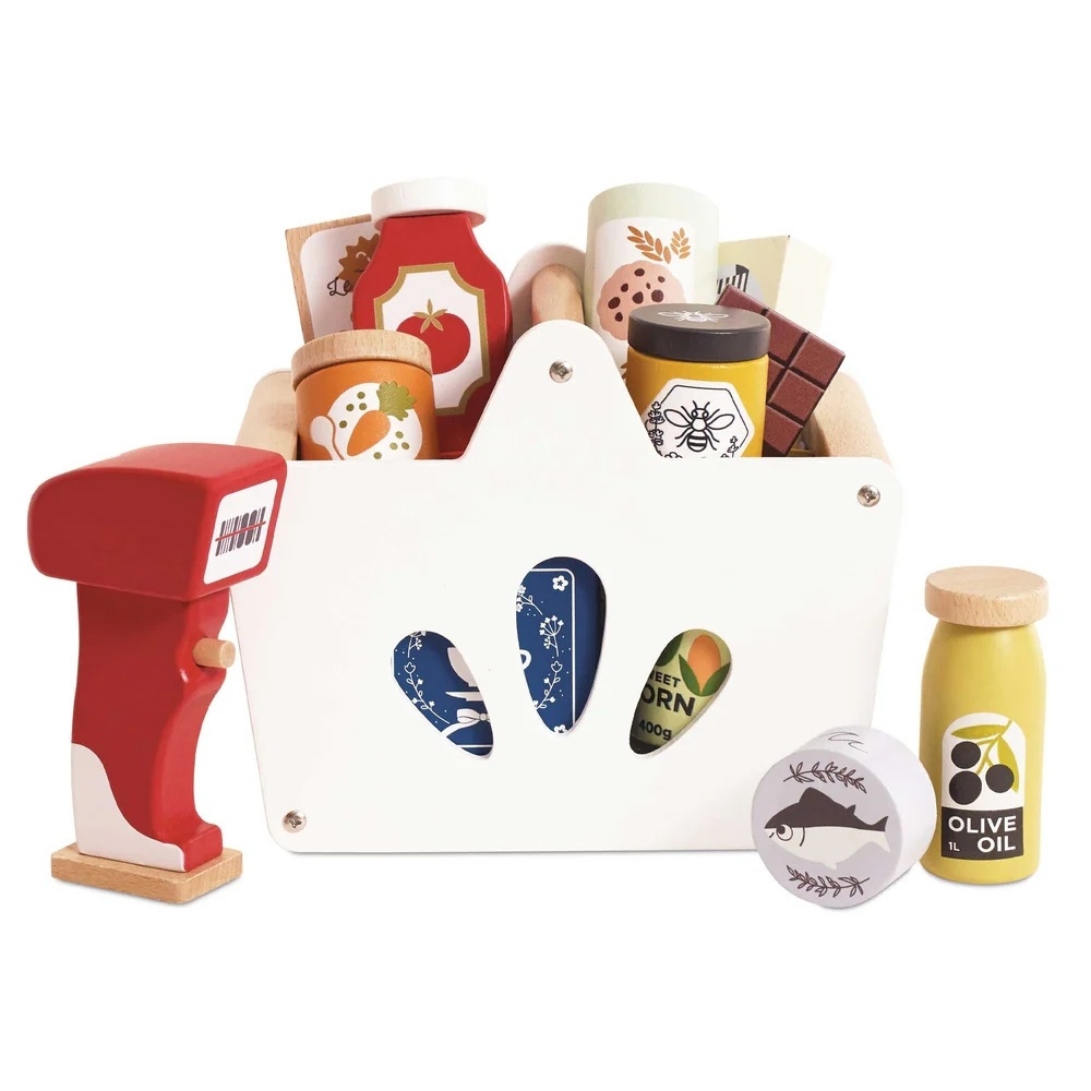 Le Toy Van - Wooden Groceries Set, Shopping Basket and Scanner - 13pcs