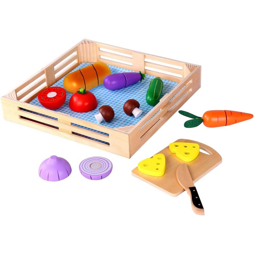 TookyToy - Pretend Play Wooden Cutting Vegetables Picnic Toy Set