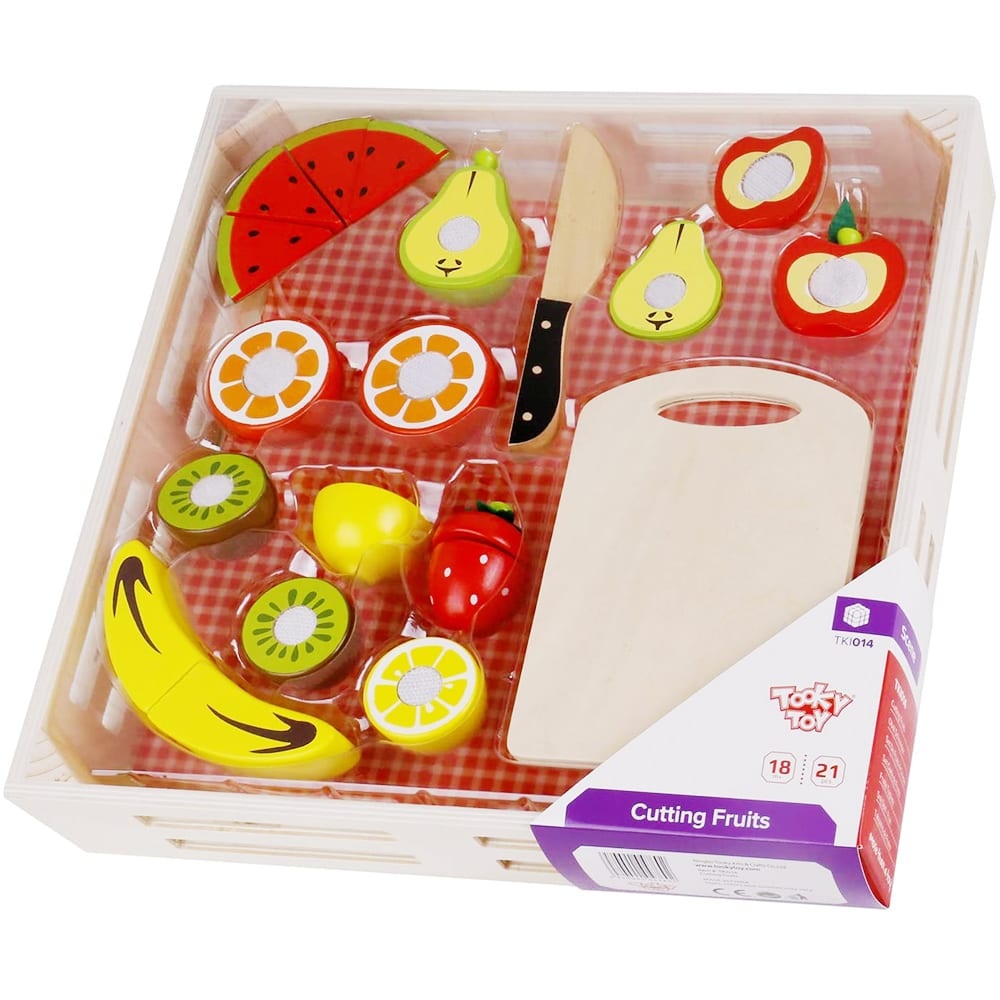 TookyToy - Pretend Play Wooden Cutting Fruit Picnic Toy Set