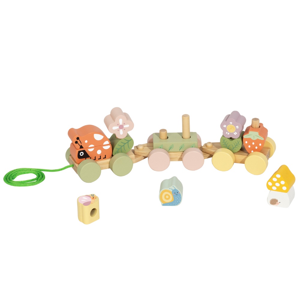 TookyToy - Wooden Ladybug Pull-Along & Stacking Train Toy Set - 15 Pieces