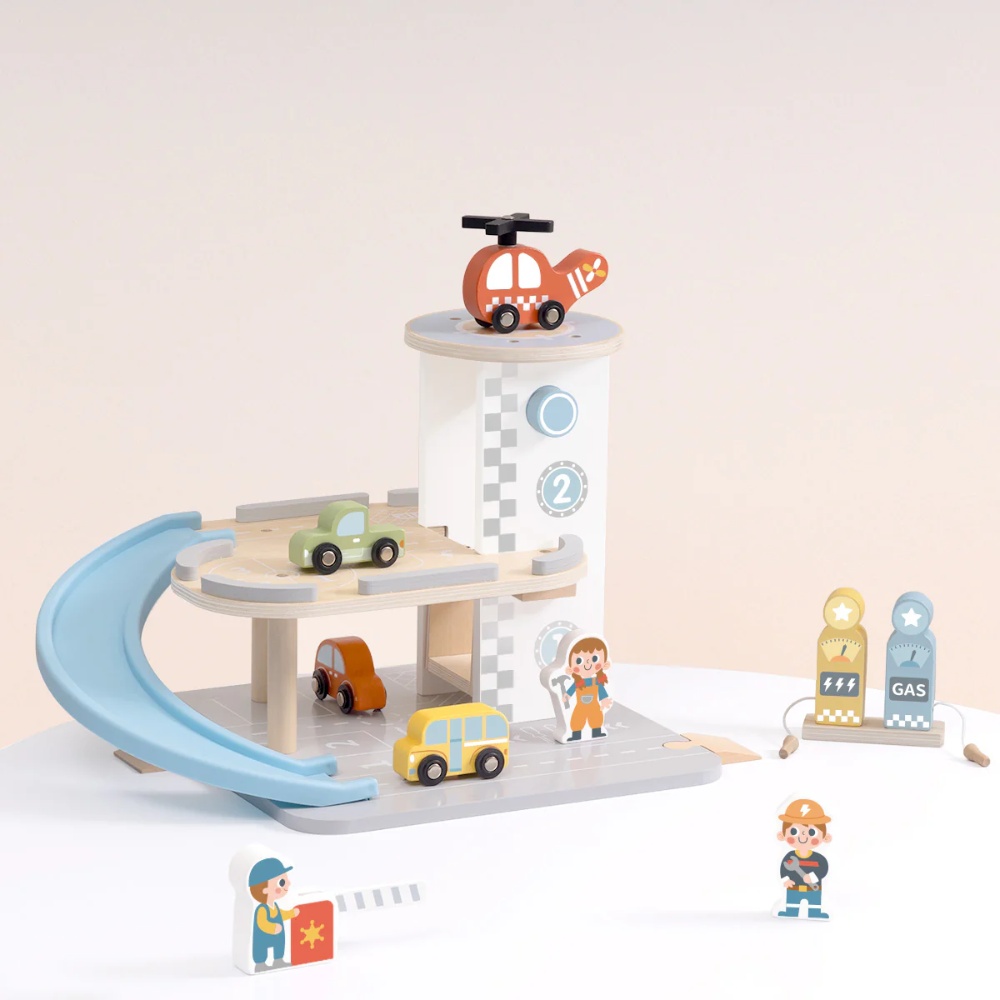 TookyToy - Parking Garage: Wooden Car Ramp Playset - 13pcs
