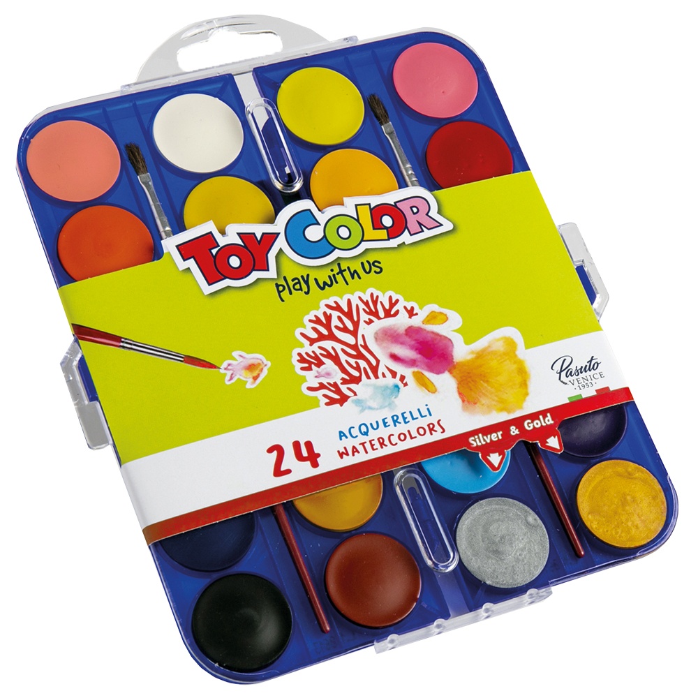 Toy Color - Watercolour Pallet & 2 Paint Brushes - Titanium & Gluten-Free - 2 Metallic + 22 Colours