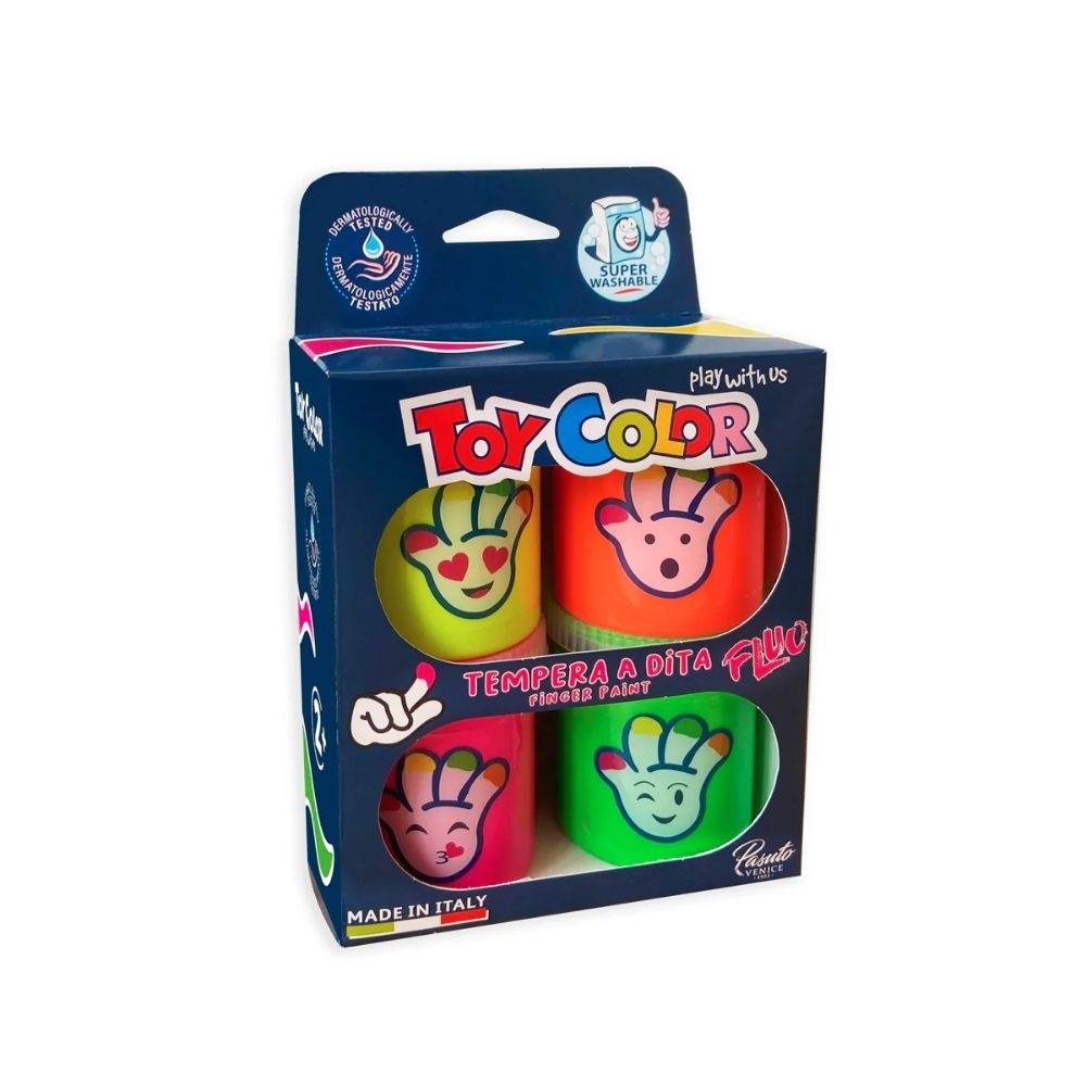 Toy Color - Superwashable & Non-Toxic Fingerpaint for Kids - 4 x Neon 80ml Pots