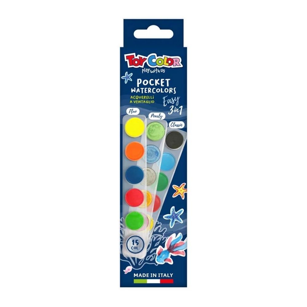 Toy Color - Pocket Watercolours - 15 Colours, 22mm Diameter - Classic/Pearl/Fluorescent