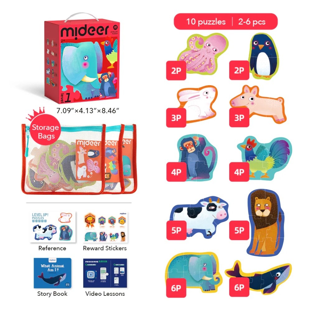Mideer - Level Up Jigsaw Puzzle for Kids - 10-in-1 - Level 1 Simple Animals