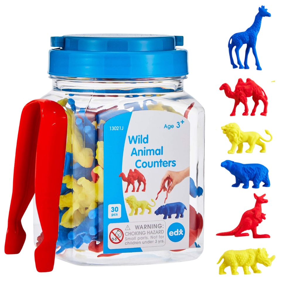 EDX Education - Wild Animal Counters & Tweezer in Jar - 30pcs Math Manipulative