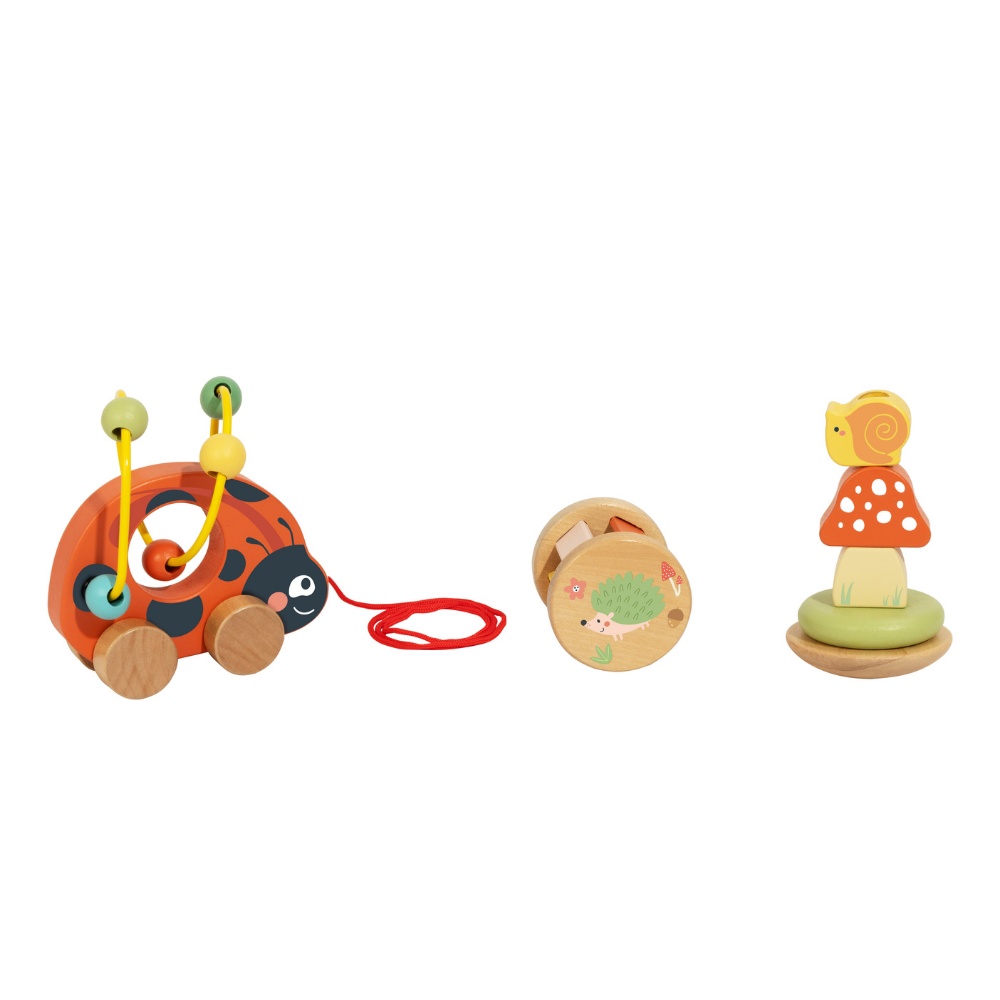 TookyToy - 3-in-1 Wooden Toy Gift Set: Ladybug Pull-Along, Rattle and Stacking
