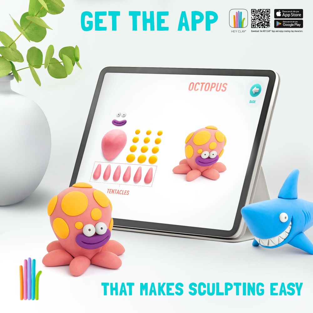 Hey Clay - Modelling Air-Dry Clay with Fun Interactive App - Shark, Octopus, Stingray, Series Ocean, 6 cans