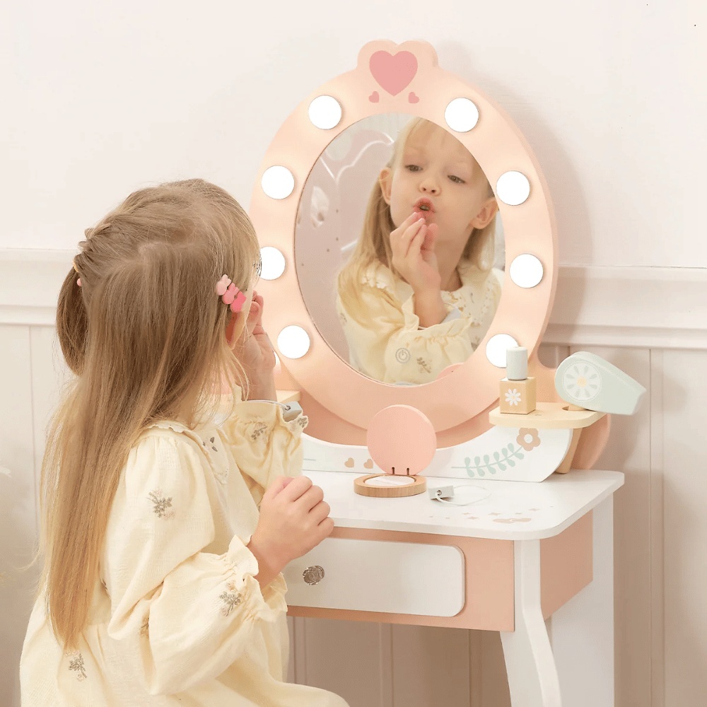 TookyToy - Wooden Vanity Table with Light-Up Mirror & Stool