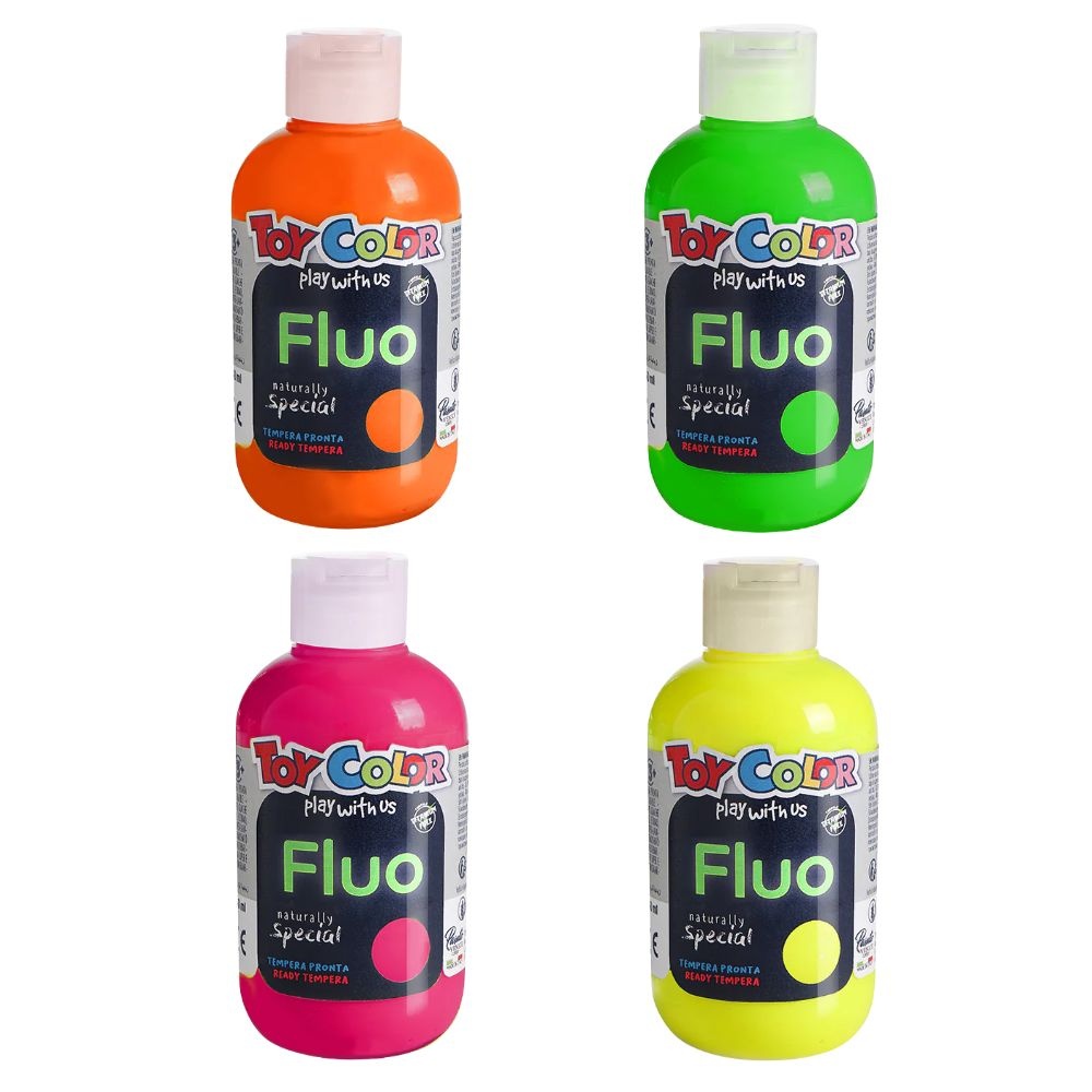 Toy Color - Superwashable Ready-Mix Tempera Paint for Kids - Fluorescent Shades - 4 x 250ml